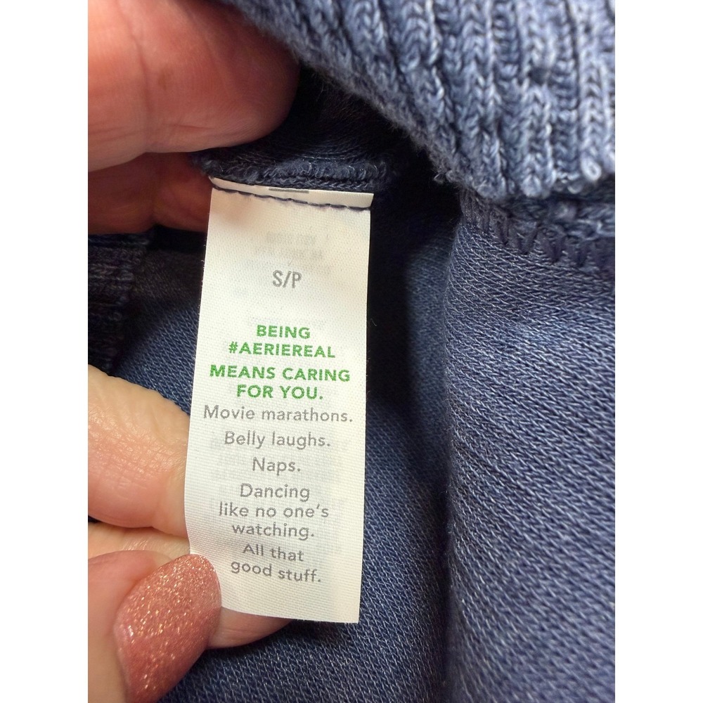 Aerie Oversized Waffle Knit V-Neck‎ Sweater Navy Blue Slouchy Split Hem Small - Picture 4 of 5
